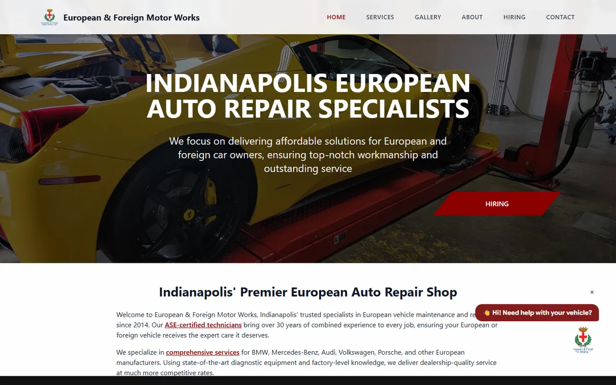 Homepage of europeanforeignmotorworks.com, built by VerSolve